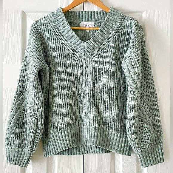 Wild Skyes Sweaters - Sage V-Neck Cable Sleeve Women's Sweater